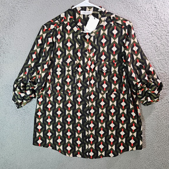 $69 NEW Calvin Klein Top Shirt Women Medium Geometric Pocket Roll Tab Green Red‎ - Picture 1 of 10
